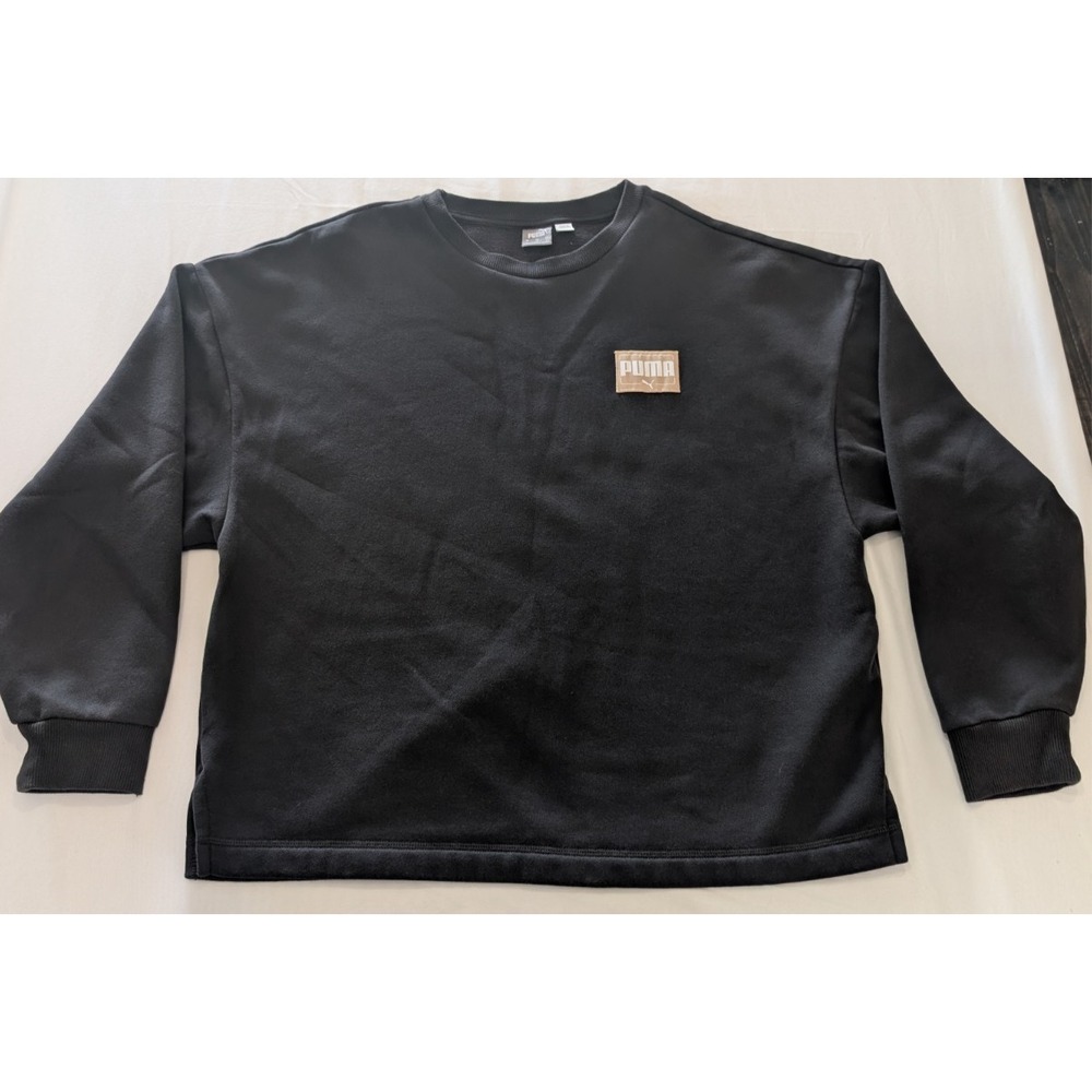 Puma Women's Large Black Fleece Sweatshirt Tan Logo Patch Style 685760 US